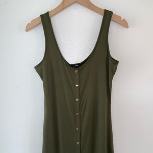 Dark green midi length dress with gold buttons